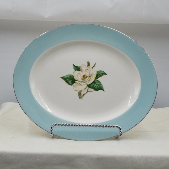 MCM Lifetime China Co Turquoise Magnolia Pattern Oval Platter - Picture 1 of 8